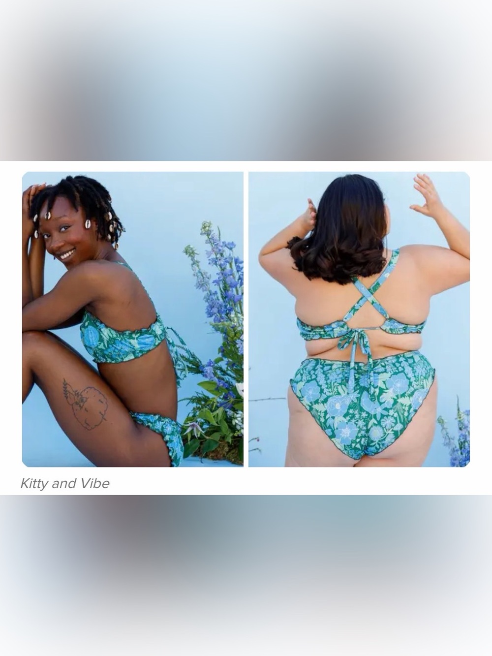 Kitty and Vibe Ruffled Ruched Blue/Green Floral Bikini Set Top C Bottoms M2